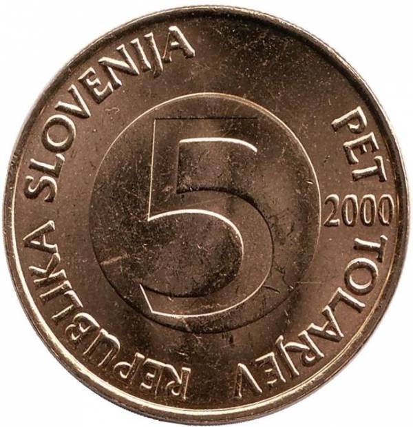 Монета 5 толаров. 2000г. Словения. Альпийский козёл. (Ибекс). (F)