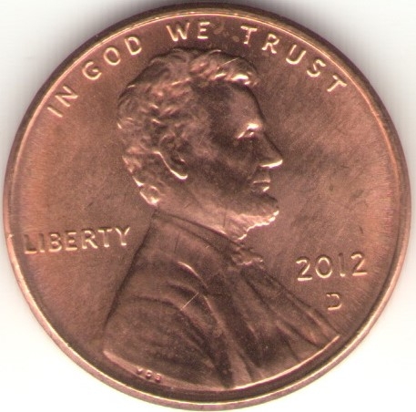 Монета 1 цент. США. 2012г. «Lincoln Cent» (ЩИТ). (D). (UNC)