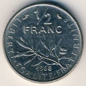 Монета 1/2 франка. 1968г. Франция. (F)