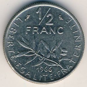 Монета 1/2 франка. 1966г. Франция. (F)