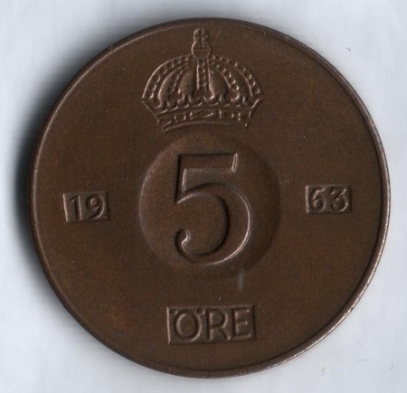 Монета 5 эре. 1963г. Швеция. (F)