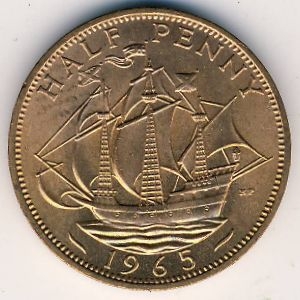 Монета 1/2 пенни. 1965г. Великобритания. Золотая лань. (F)