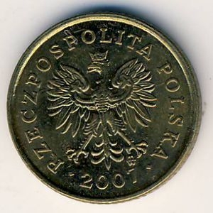 Монета 1 грош. 2007г. Польша. Дубовые листья. (F)