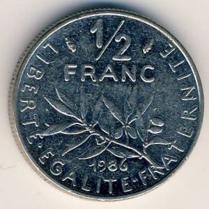 Монета 1/2 франка. 1986г. Франция. (F)