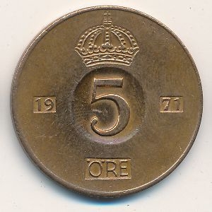 Монета 5 эре. 1971г. Швеция. (F)