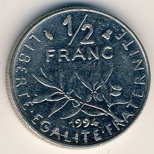 Монета 1/2 франка. 1994г. Франция. (F)