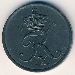 Монета 2 эре. 1964г. Дания. C;S (F)