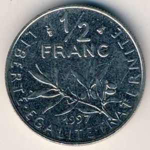 Монета 1/2 франка. 1997г. Франция. (F)