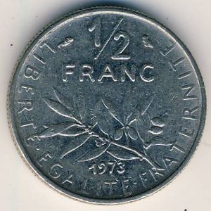 Монета 1/2 франка. 1973г. Франция. (F)