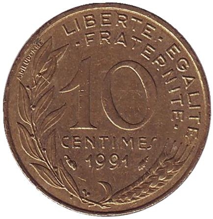 Монета 10 сантимов. 1991г. Франция. (F)