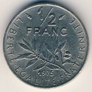 Монета 1/2 франка. 1975г. Франция. (F)