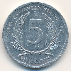 Монета 5 центов. 2008г. Восточно-карибские государства. (F)