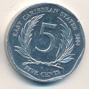 Монета 5 центов. 2004г. Восточно-карибские государства. (F)