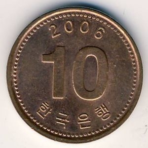 Монета 10 вон. 2006г. Южная Корея. (F)