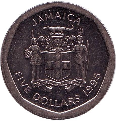Монета 5 долларов. 1995г. Ямайка. Норман Мэнли- национальный герой. (VF)