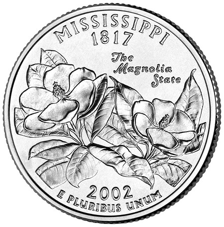 Монета квотер. США. 2002г. Mississippi 1817. (P). (UNC)