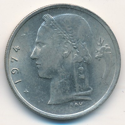 Монета 1 франк. 1974г. Бельгия. Надпись на голландском - 'BELGIË'. (F)