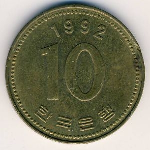 Монета 10 вон. 1992г. Южная Корея. (F)