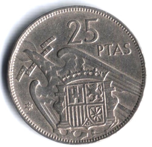 Монета 25 песет. 1957г. Испания. (F)