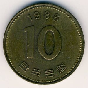 Монета 10 вон. 1986г. Южная Корея. (F)
