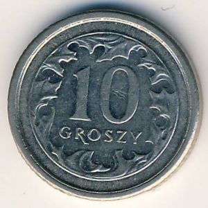 Монета 10 грошей. 2000г. Польша. Дубовые листья. (F)