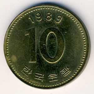 Монета 10 вон. 1989г. Южная Корея. (F)
