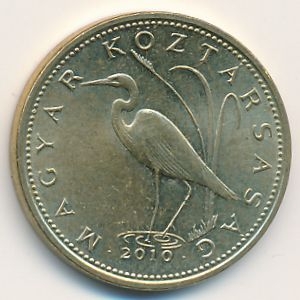 Монета 5 форинтов. 2010г. Венгрия. Большая белая цапля. (F)