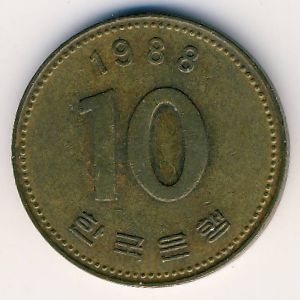 Монета 10 вон. 1988г. Южная Корея. (F)