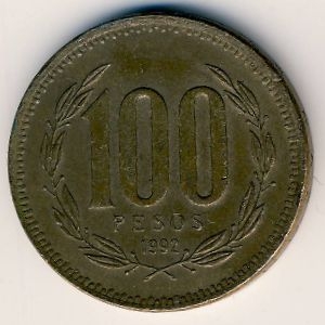 Монета 100 песо. 1992г. Чили. (F)
