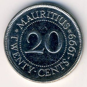 Монета 20 центов. 1999г. Маврикий. (F)