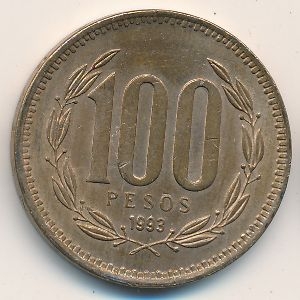 Монета 100 песо. 1993г. Чили. (F)