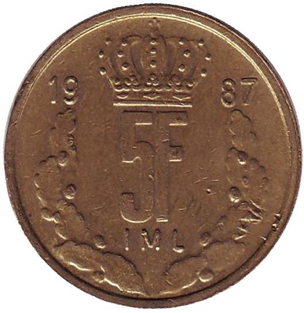 Монета 5 франков. 1987г. Люксембург. (F)
