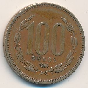 Монета 100 песо. 1994г. Чили. (F)