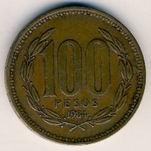 Монета 100 песо. 1984г. Чили. (F)