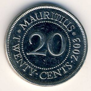 Монета 20 центов. 2003г. Маврикий. (F)