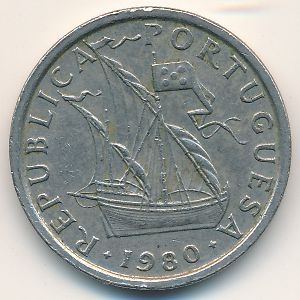 Монета 5 эскудо. 1980г. Португалия. Парусный корабль. (F)