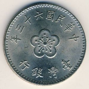 Монета 1 юань. 1974г. Тайвань. (F)
