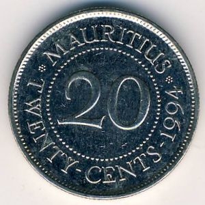 Монета 20 центов. 1994г. Маврикий. (F)