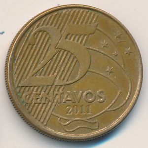 Монета 25 сентаво. 2011г. Бразилия. Мануэл Деодору да Фонсека. (F)