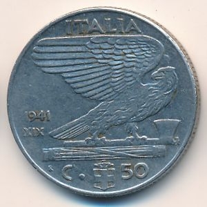 Монета 50 чентезимо. 1941г. Италия. Виктор Эммануил III. (F)