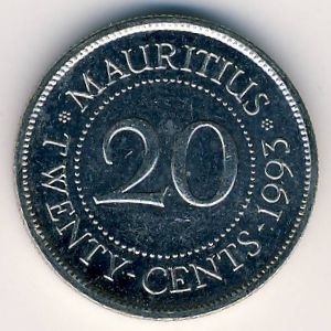 Монета 20 центов. 1993г. Маврикий. (F)