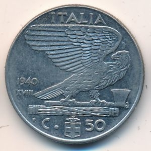 Монета 50 чентезимо. 1940г. Италия. Виктор Эммануил III. (F)