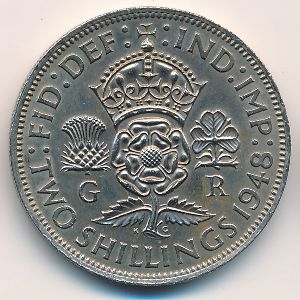 Монета 2 шиллинга. 1948г. Великобритания. (F)