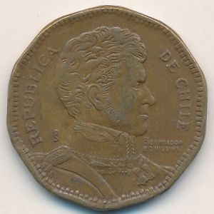 Монета 50 песо. 1995г. Чили. Бернардо О’Хиггинс. (F)