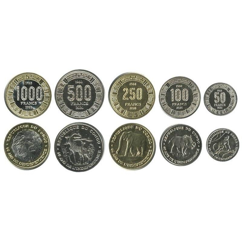 Набор монет Конго. 2020г. Животные/Фауна. (UNC) (5 шт.) Редкие (60 лет независимости)