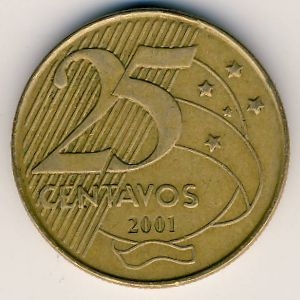 Монета 25 сентаво. 2001г. Бразилия. Мануэл Деодору да Фонсека. (F)
