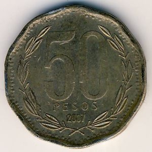 Монета 50 песо. 2007г. Чили. Бернардо О’Хиггинс. (VF)