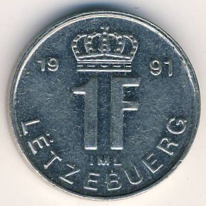 Монета 1 франк. 1991г. Люксембург. (F)
