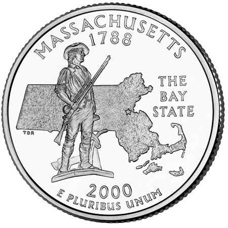 Монета квотер. США. 2000г. Massachusetts 1788. (D). (UNC)