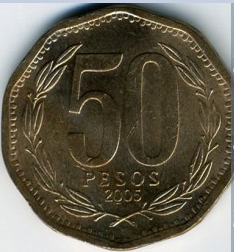 Монета 50 песо. 2005г. Чили. Бернардо О’Хиггинс. (F)